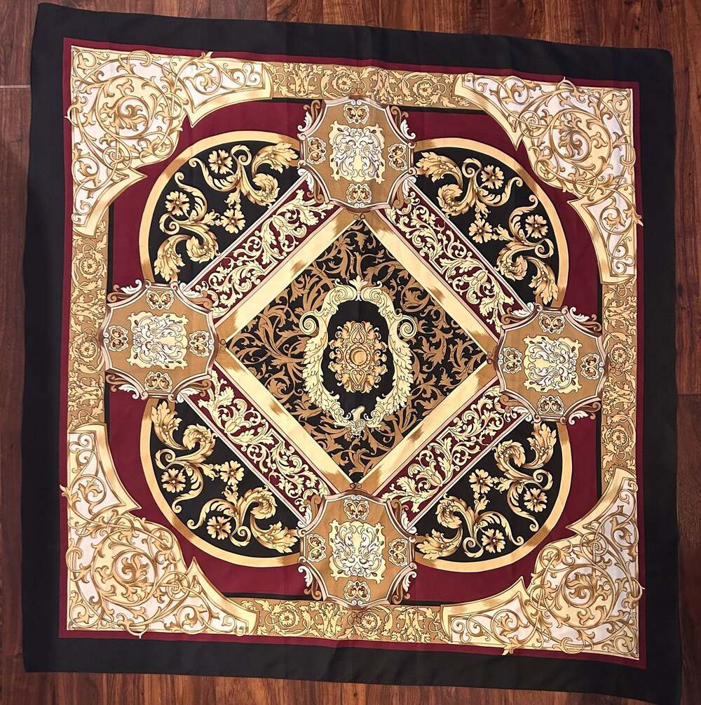 Vintage Baroque Print Square Silky Scarf Black Burgundy Gold, 35”